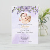 紫色のフローラとフォトバプテスマ招待状 招待状 (スタンド正面)