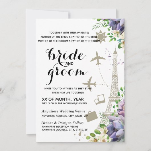 紫色のフローラと旅結婚行 招待状 (正面)