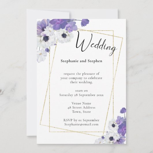 紫色のフローラと金ゴールドの幾何結婚式招待状 招待状 (正面)