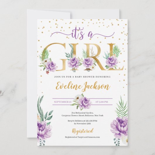 紫色のフローラと金ゴールドフォイルレターベビーシャワー 招待状 (正面)