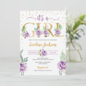 紫色のフローラと金ゴールドフォイルレターベビーシャワー 招待状 (スタンド正面)
