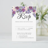紫色のフローラウェディングRSVPカードと食事の選択 出欠カード (スタンド正面)