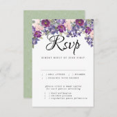 紫色のフローラウェディングRSVPカードと食事の選択 出欠カード (正面/裏面)