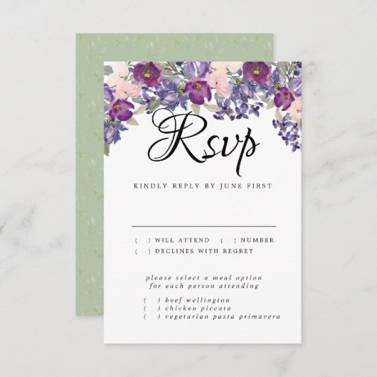 紫色のフローラウェディングRSVPカードと食事の選択 出欠カード (正面/裏面)