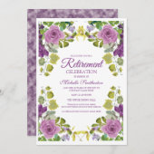 紫色のフローラエレガントグリーンつる植物退職パーティー 招待状 (正面/裏面)
