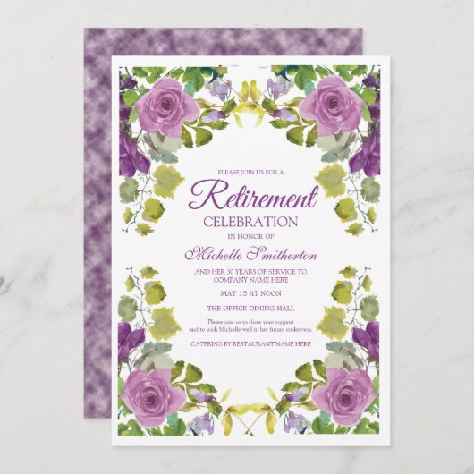 紫色のフローラエレガントグリーンつる植物退職パーティー 招待状 (正面/裏面)
