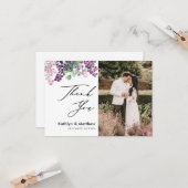 紫色のフローラエレガントスクリプトフォトサンキューカード カード (正面/裏面インサイチュ)