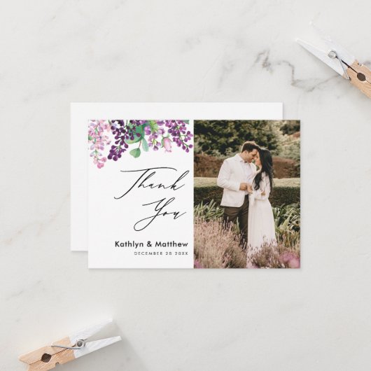 紫色のフローラエレガントスクリプトフォトサンキューカード カード (正面/裏面インサイチュ)