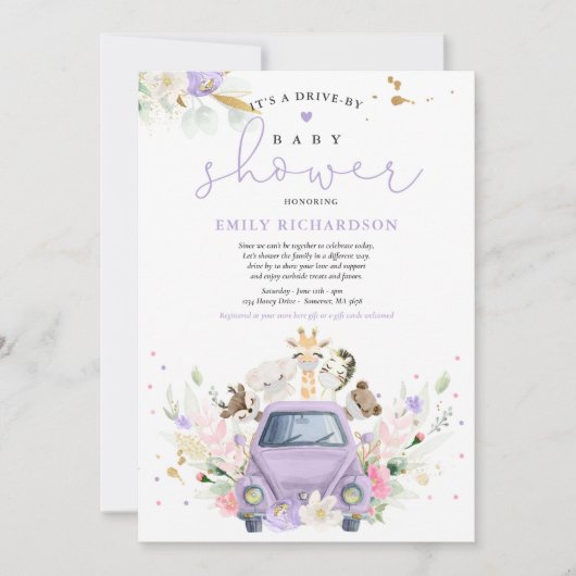 紫色のフローラサファリ動物がベビーシャワーで運転 招待状 (正面)