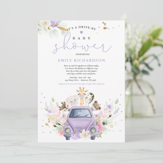 紫色のフローラサファリ動物がベビーシャワーで運転 招待状 (スタンド正面)