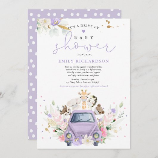 紫色のフローラサファリ動物がベビーシャワーで運転 招待状 (正面/裏面)