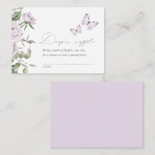 紫色のフローラバタフライベビーシャワーおむつラッフル エンクロージャーカード (正面/裏面)