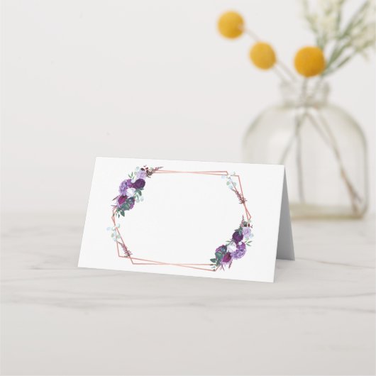 紫色のフローラバラ金ゴールドジオメトリックフレーム結婚ズ プレイスカード (正面)
