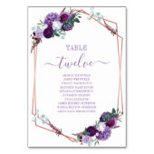 紫色のフローラバラ金ゴールド結婚フレームのシーティングカード テーブルナンバー (正面)