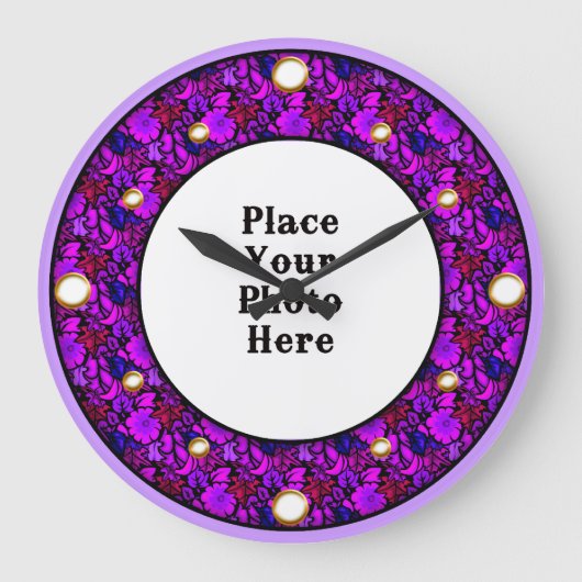紫色のフローラフレームあなたのフォトウォール時計 ラージ壁時計 (正面)