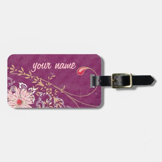 紫色のフローララゲッジタグとレザーストラップ ラゲッジタグ (正面横)