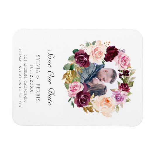 紫色のフローラリース写真の保存日付 マグネット (横)