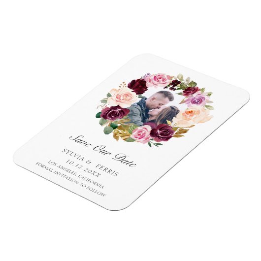 紫色のフローラリース写真の保存日付 マグネット (左側)