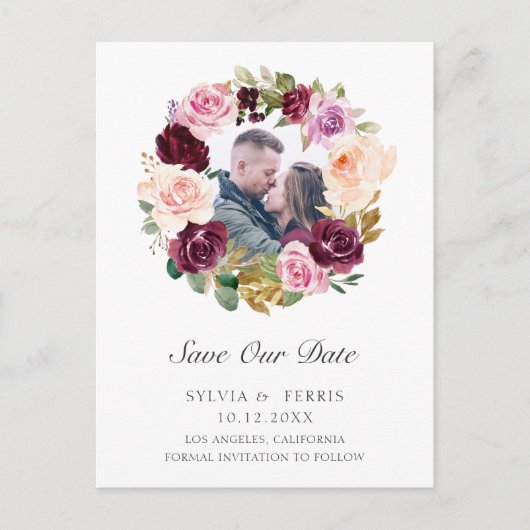 紫色のフローラリース写真の保存日付 案内ポストカード (正面)