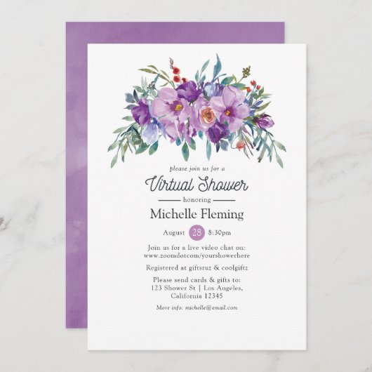 紫色のフローラ仮想ベビーまたはブライダルシャワー 招待状 (正面/裏面)