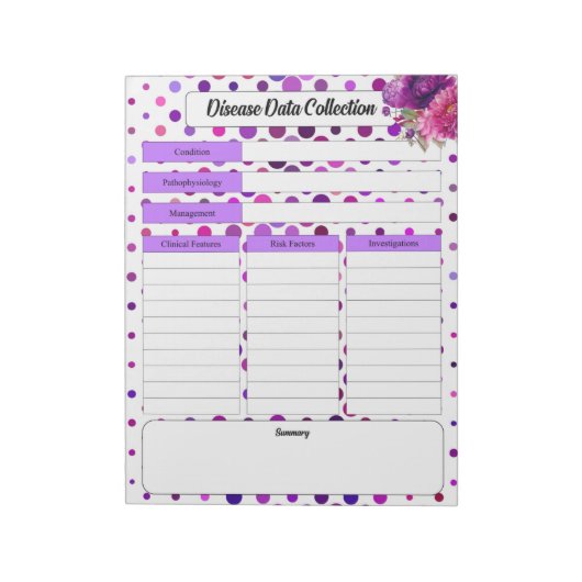紫色のフローラ水玉模様_疾患データ収集 ノートパッド (回転)