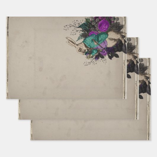 紫色のフローラ白うさぎアリスinワンダーランド ラッピングペーパーシート (セット)