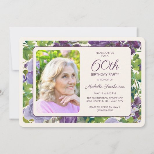 紫色のフローラ葉グリーン誕生日60th写真 招待状 (正面)
