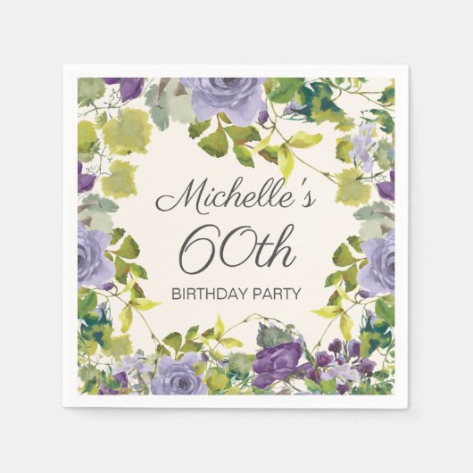 紫色のフローラ葉緑の誕生日編集可能 スタンダードカクテルナプキン (正面)