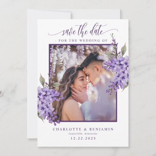 紫色のフローラ藤の写真を保存する日付カード セーブザデート (正面)