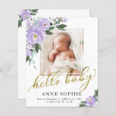 紫色のフローラ誕生発表サンキューカード (正面/裏面)