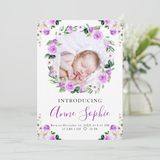 紫色のフローラ誕生発表サンキューカード 招待状 (スタンド正面)