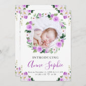 紫色のフローラ誕生発表サンキューカード 招待状 (正面/裏面)