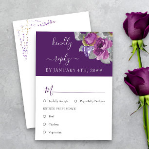 紫色のフローラ食事オプション結婚式RSVP 出欠カード