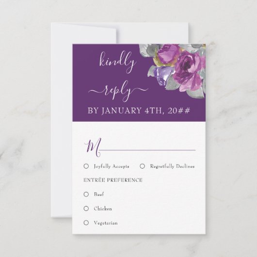 紫色のフローラ食事オプション結婚式RSVP 出欠カード (正面)