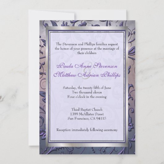 紫色のフローラ·モノグラム結婚への招待が縁ど満席 招待状 (裏面)