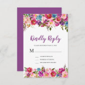 紫色のフローラRSVP応答カード 出欠カード (正面/裏面)