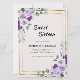 紫色のフローラSweet sixteenと金ゴールドフレーム 招待状