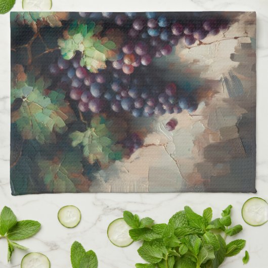 紫色のブドウのつる植物油絵 キッチンタオル (折り畳み)
