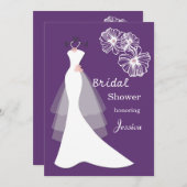 紫色のブライダルシャワーの招待の白い婚礼衣裳 招待状 (正面/裏面)