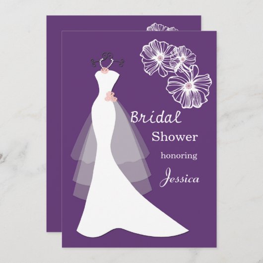 紫色のブライダルシャワーの招待の白い婚礼衣裳 招待状 (正面/裏面)