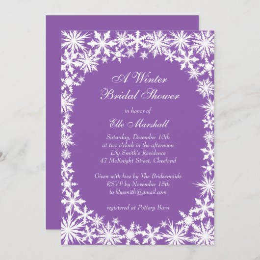 紫色のブライダルシャワーの招待状に冬のレース 招待状 (正面/裏面)