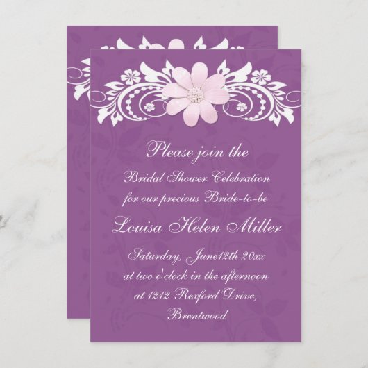 紫色のブライダルシャワーの花の白いデイジーのガーベラ 招待状 (正面/裏面)