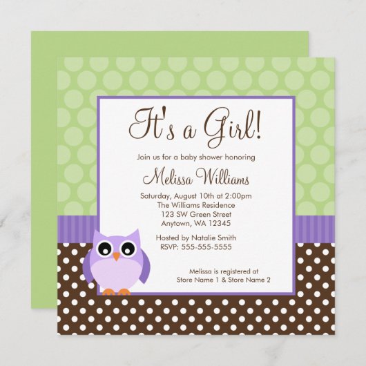 紫色のブラウンの緑のフクロウの水玉模様の女の子のベビーシャワー 招待状 (正面/裏面)