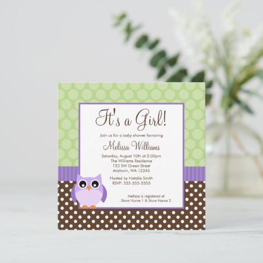 紫色のブラウンの緑のフクロウの水玉模様の女の子のベビーシャワー 招待状 (スタンド正面)