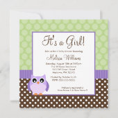 紫色のブラウンの緑のフクロウの水玉模様の女の子のベビーシャワー 招待状 (正面)