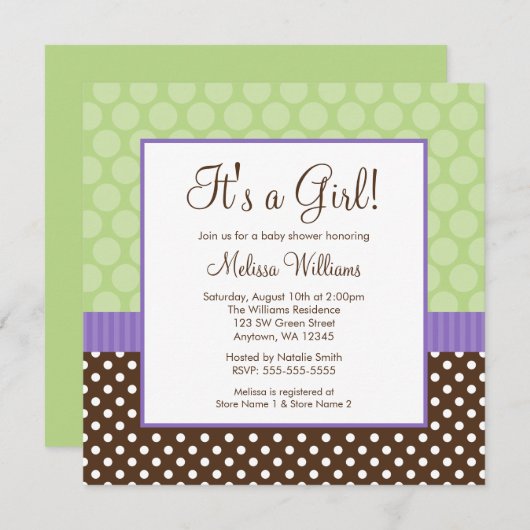 紫色のブラウンの緑の水玉模様の女の子のベビーシャワー 招待状 (正面/裏面)