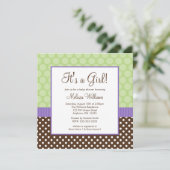 紫色のブラウンの緑の水玉模様の女の子のベビーシャワー 招待状 (スタンド正面)