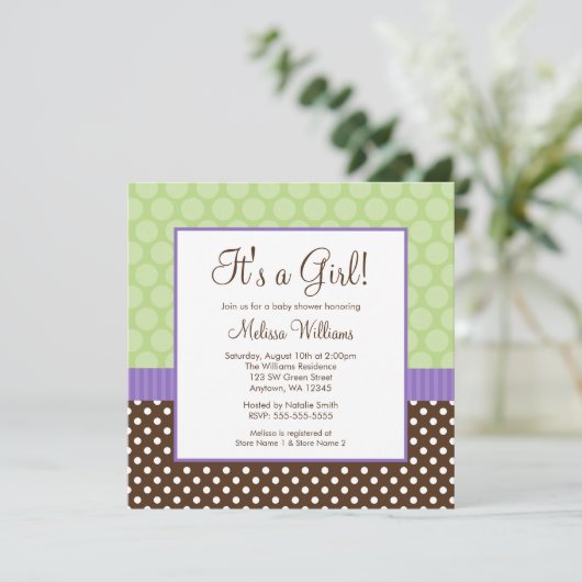紫色のブラウンの緑の水玉模様の女の子のベビーシャワー 招待状 (スタンド正面)
