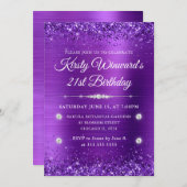 紫色のブラシ仕上げメタルとグリッター21歳の誕生日 招待状 (正面/裏面)