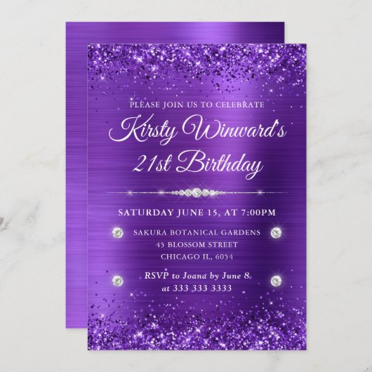紫色のブラシ仕上げメタルとグリッター21歳の誕生日 招待状 (正面/裏面)